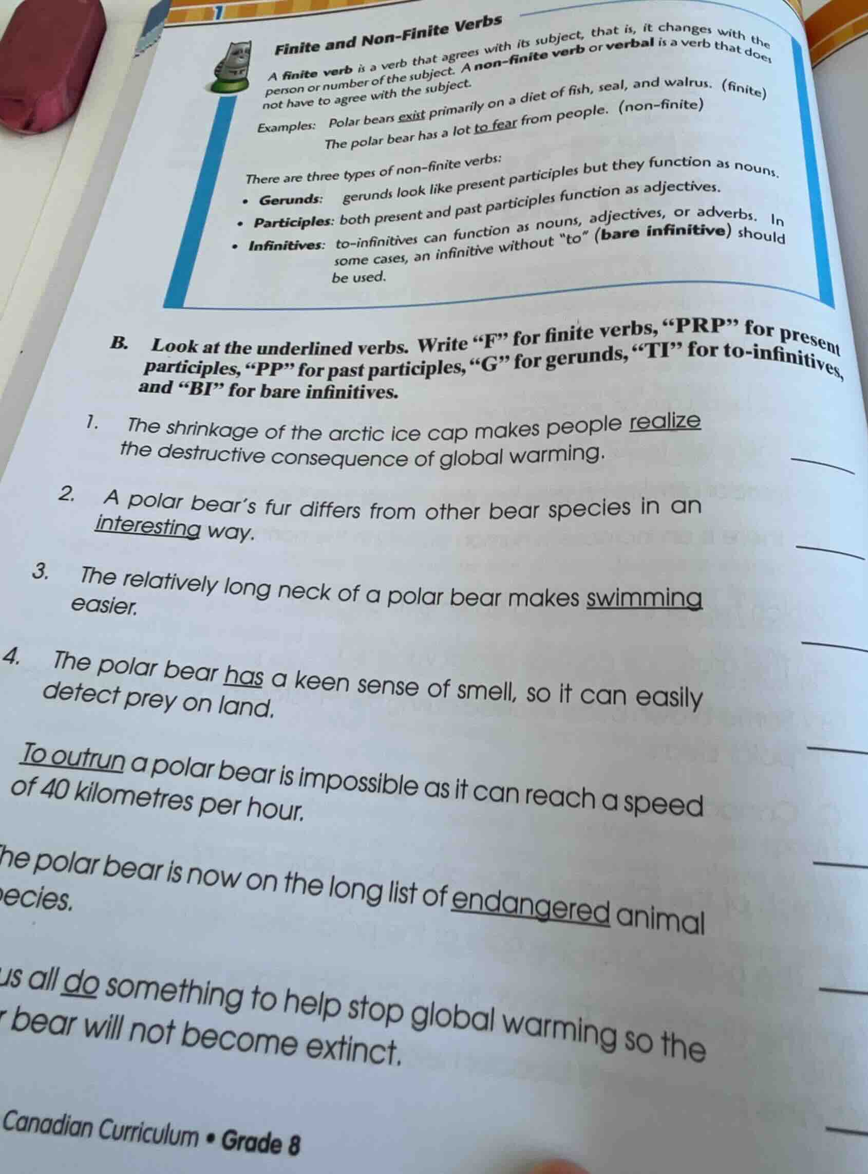 b. look at the underlined verbs. write \f\ for finite verbs, \prp\ for …