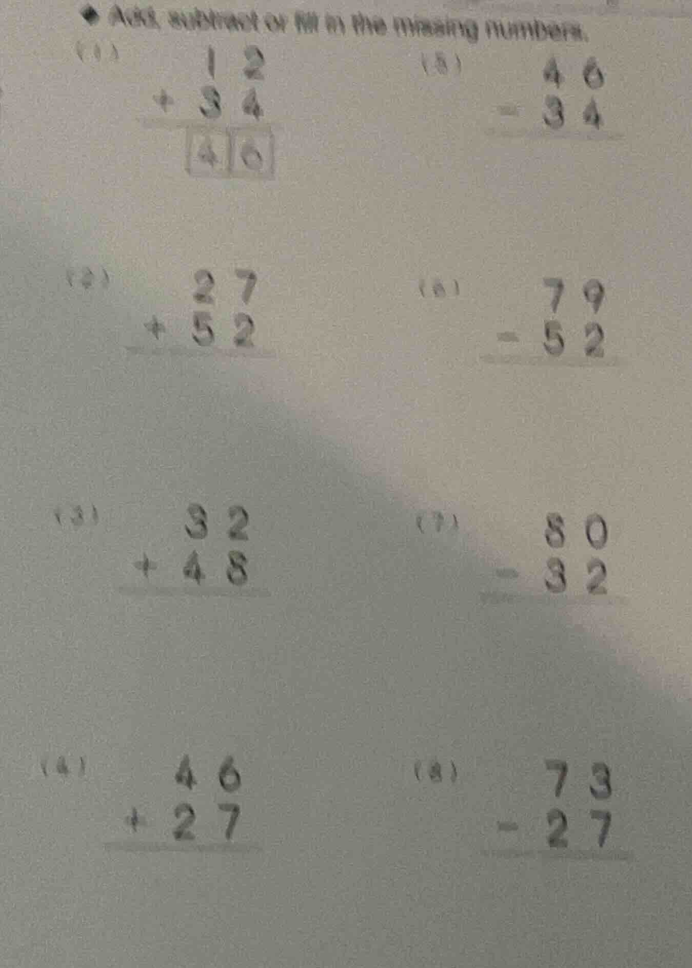 add, subtract or fill in the missing numbers. (1) \\ \\begin{array}{r} …