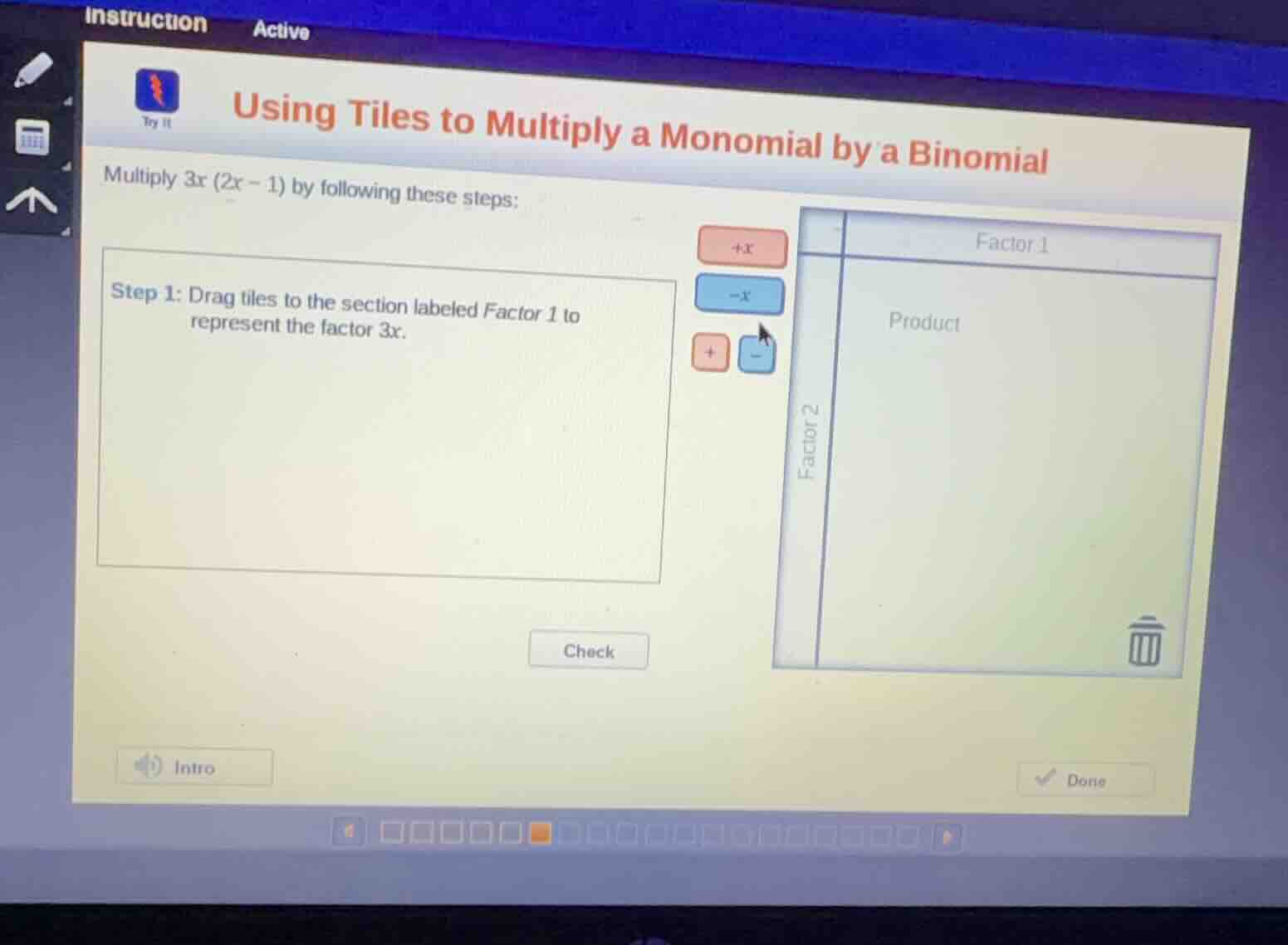 using tiles to multiply a monomial by a binomial multiply \\(3x(2x - 1)…