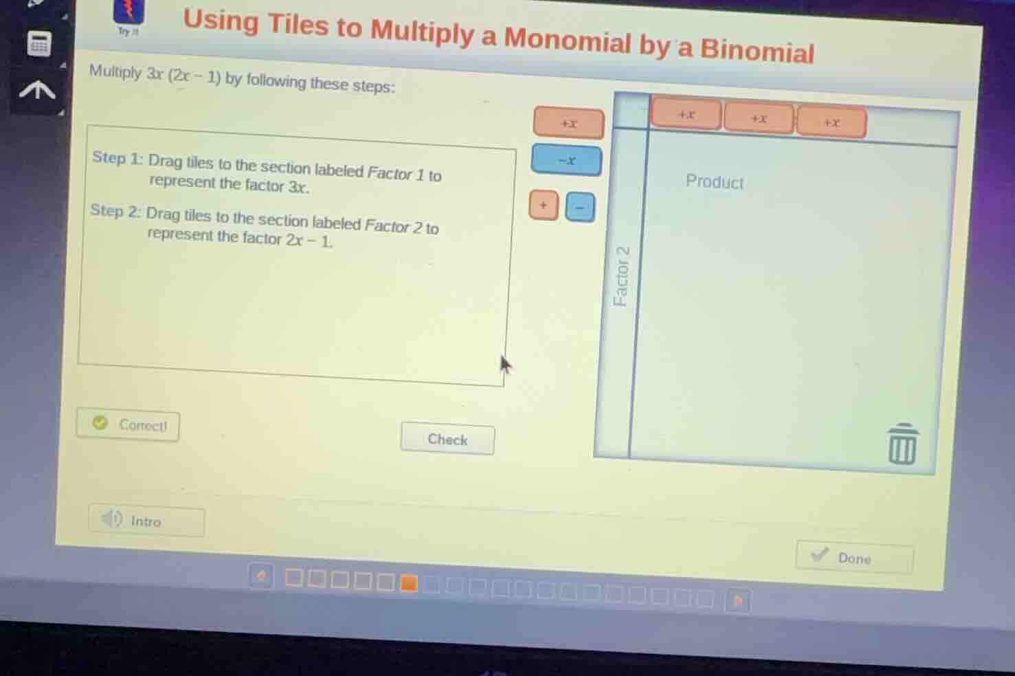 using tiles to multiply a monomial by a binomial multiply \\(3x(2x - 1)…