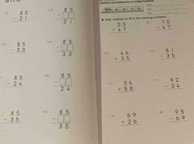 addition and subtraction of 2-digit numbers name date / / time to add, …