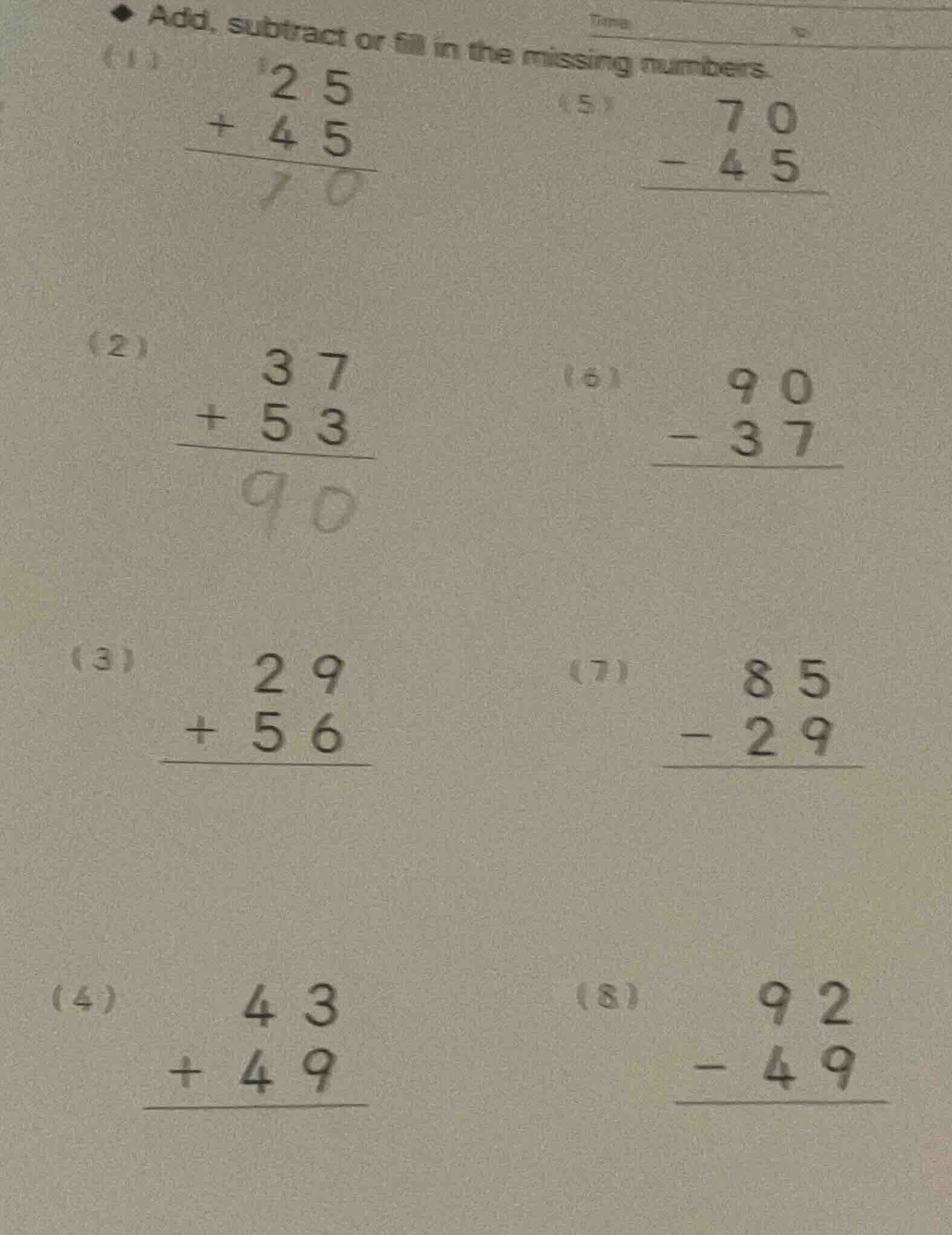 add, subtract or fill in the missing numbers. (1) \\begin{array}{r} 25 …