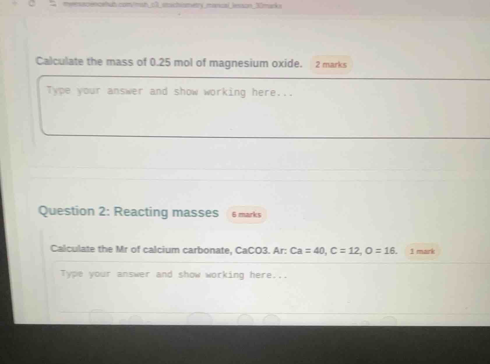 calculate the mass of 0.25 mol of magnesium oxide. 2 marks question 2: …