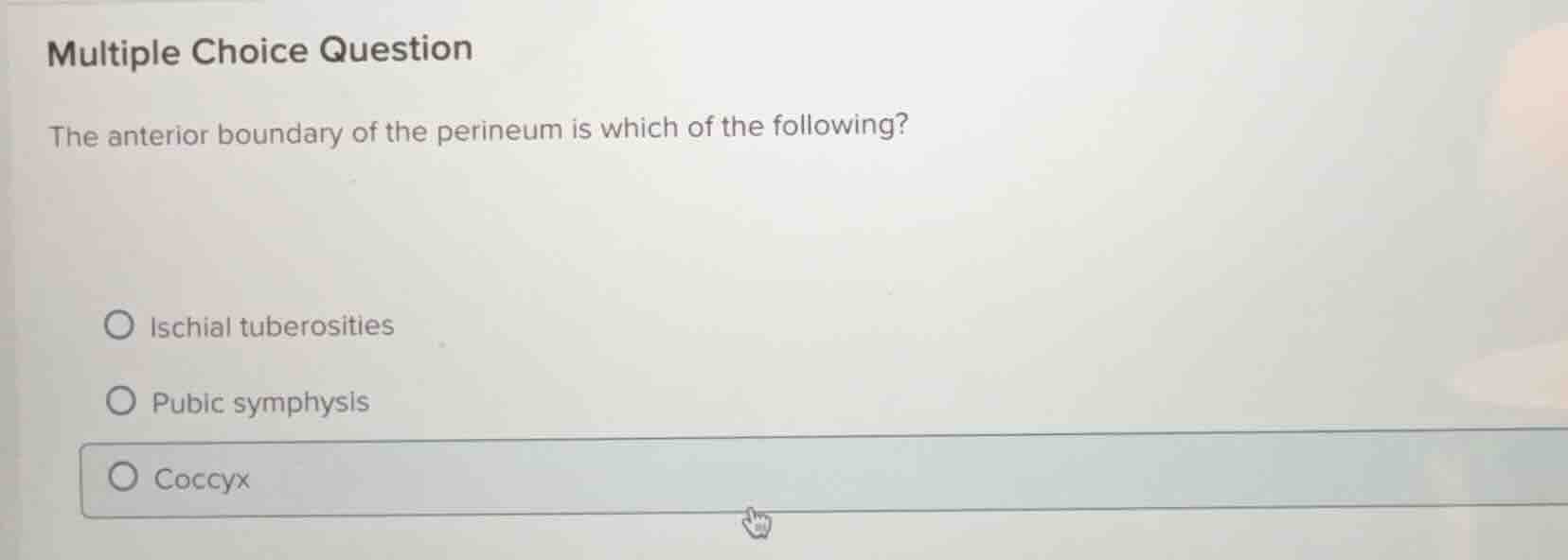 multiple choice question the anterior boundary of the perineum is which…