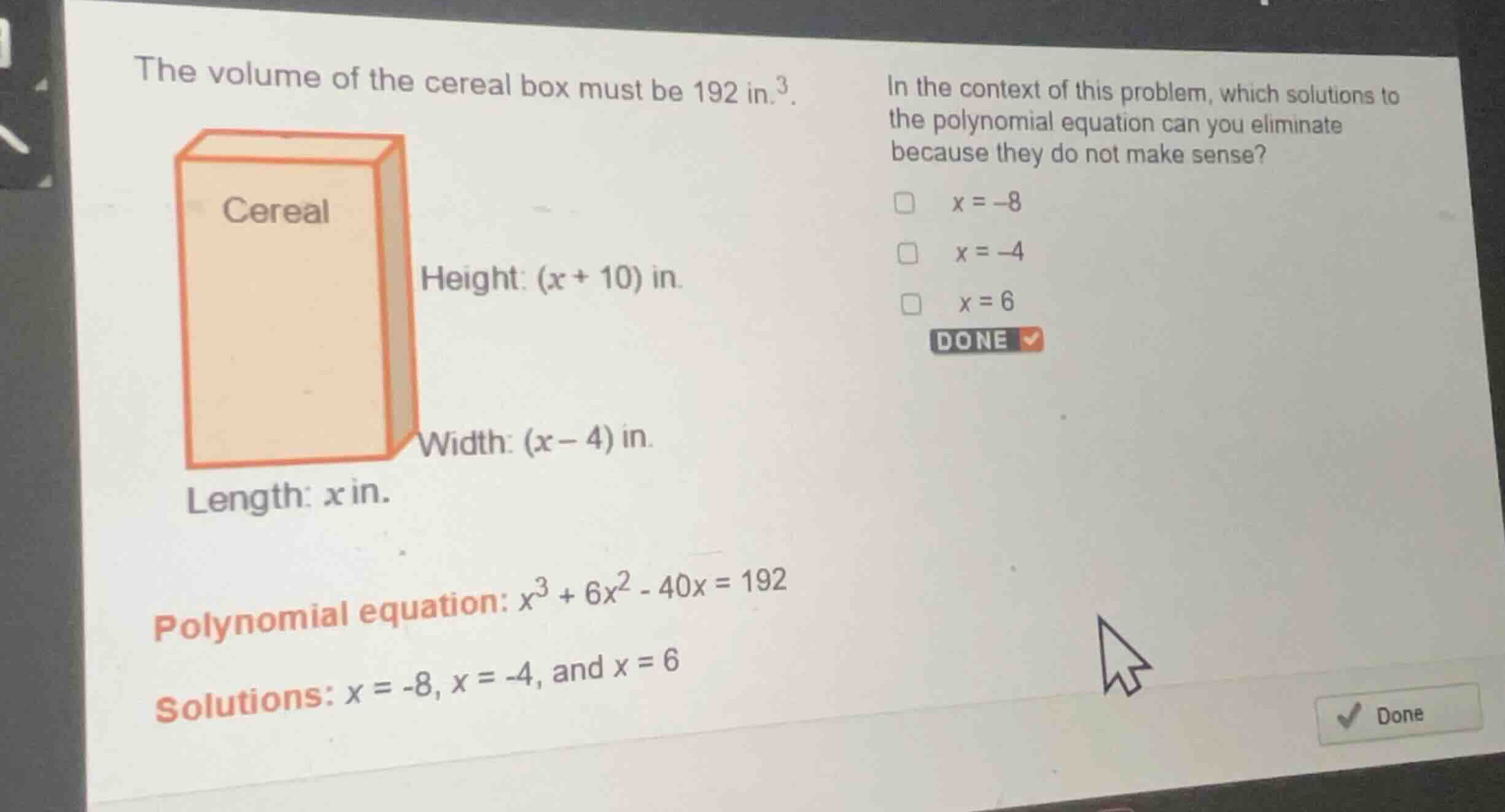 the volume of the cereal box must be \\(192\\text{ in.}^3\\). height: \…