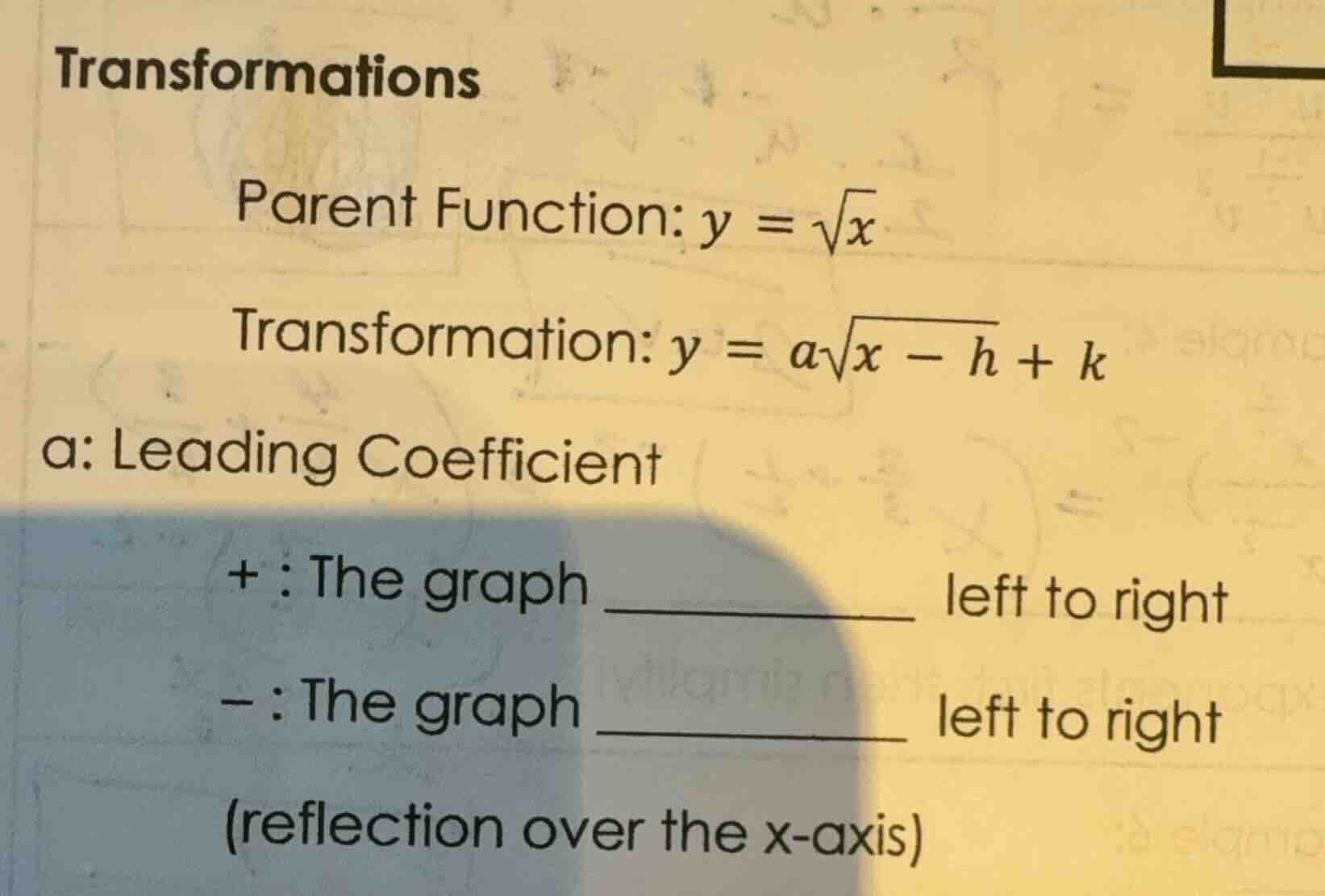 transformations parent function: (y = \\sqrt{x}) transformation: (y = a…