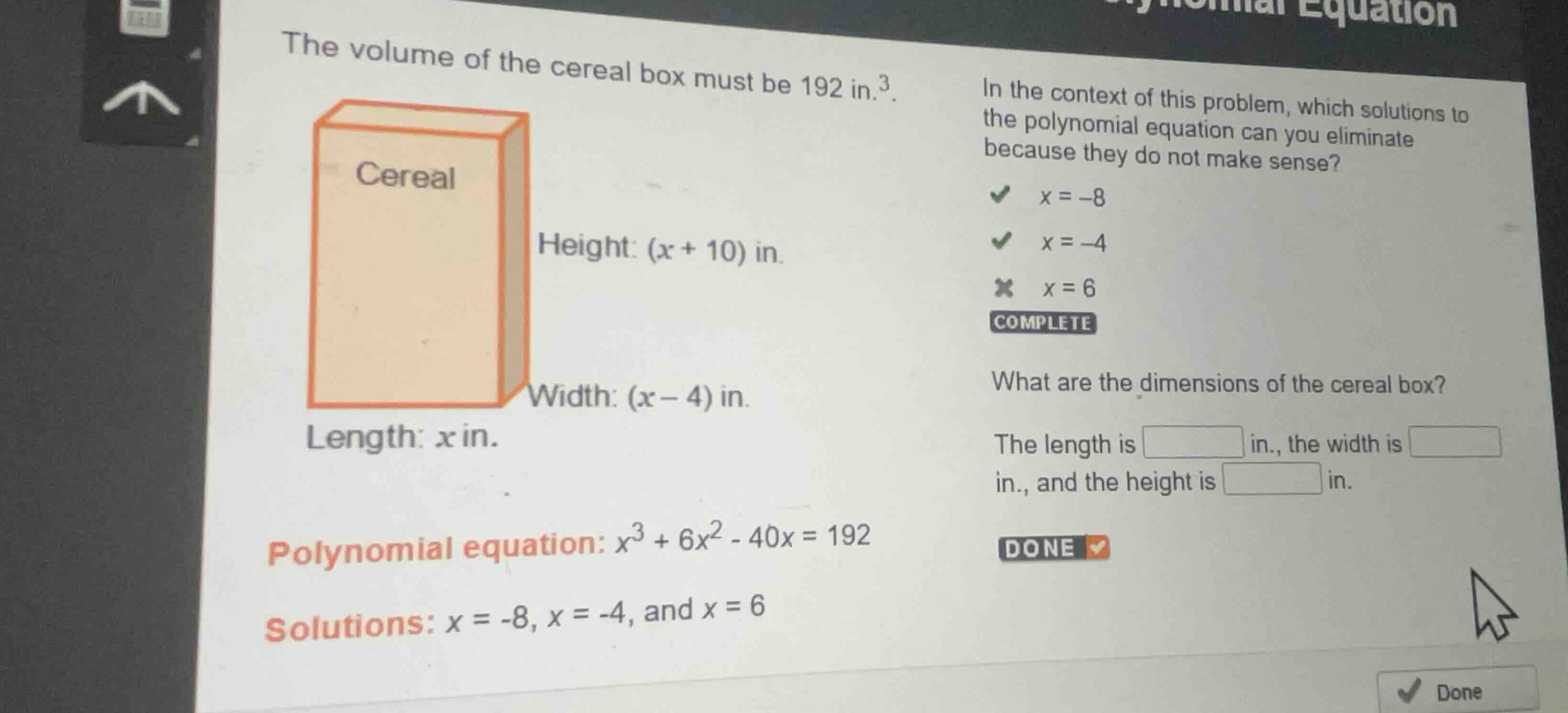 the volume of the cereal box must be 192 \\text{ in.}^3. height: \\((x …