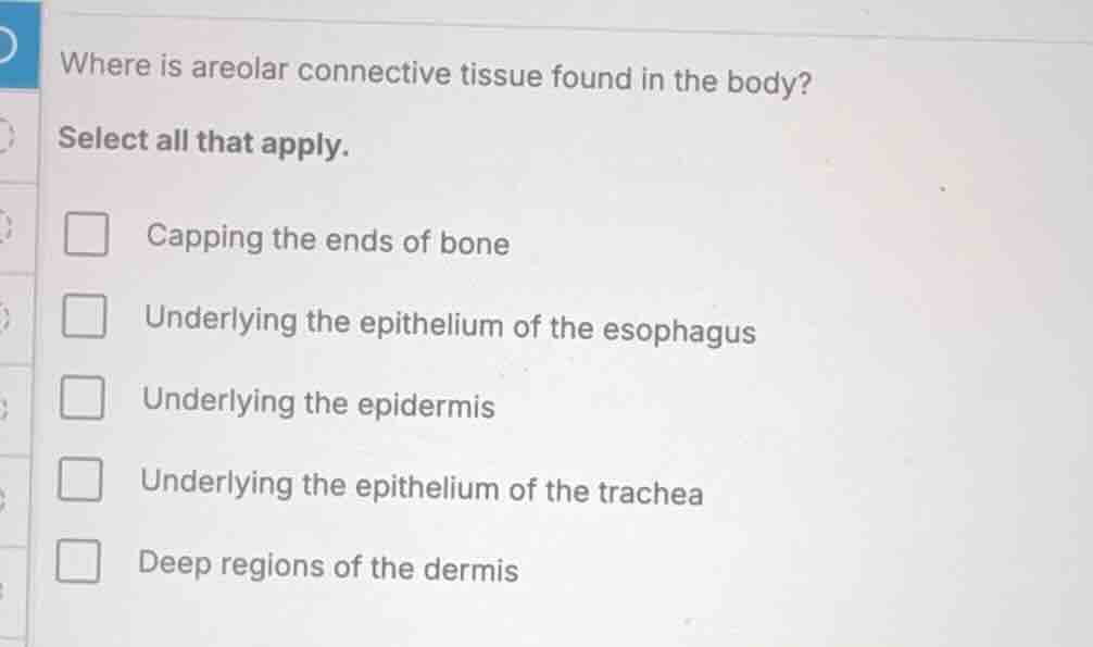 where is areolar connective tissue found in the body? select all that a…