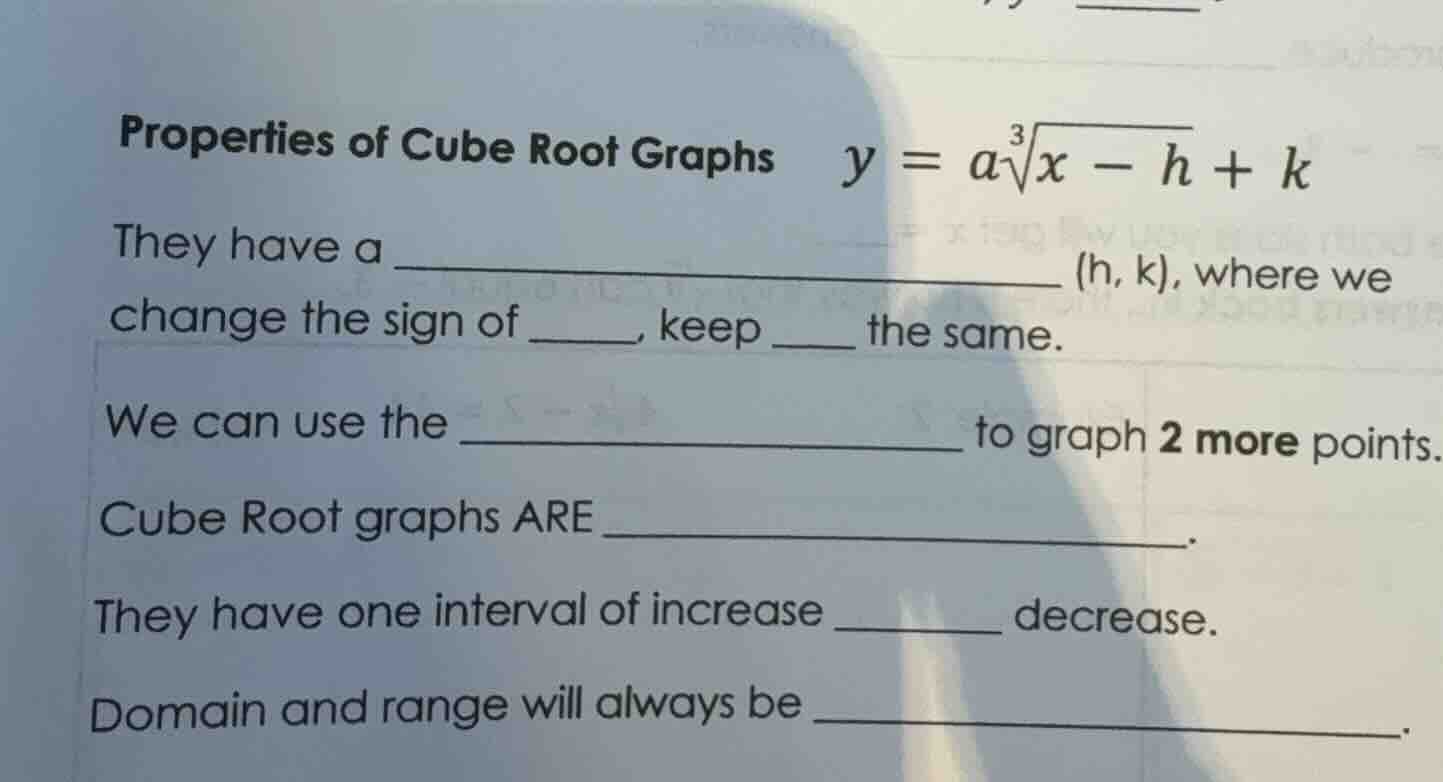 properties of cube root graphs \\(y = a\\sqrt3{x - h} + k\\) they have …