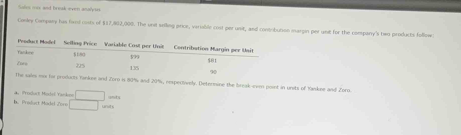 sales mix and break-even analysis conley company has fixed costs of $17…