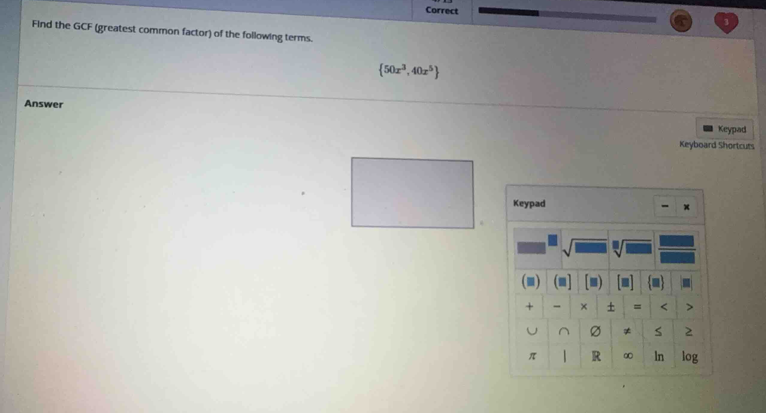 find the gcf (greatest common factor) of the following terms. \\\\{50x^…