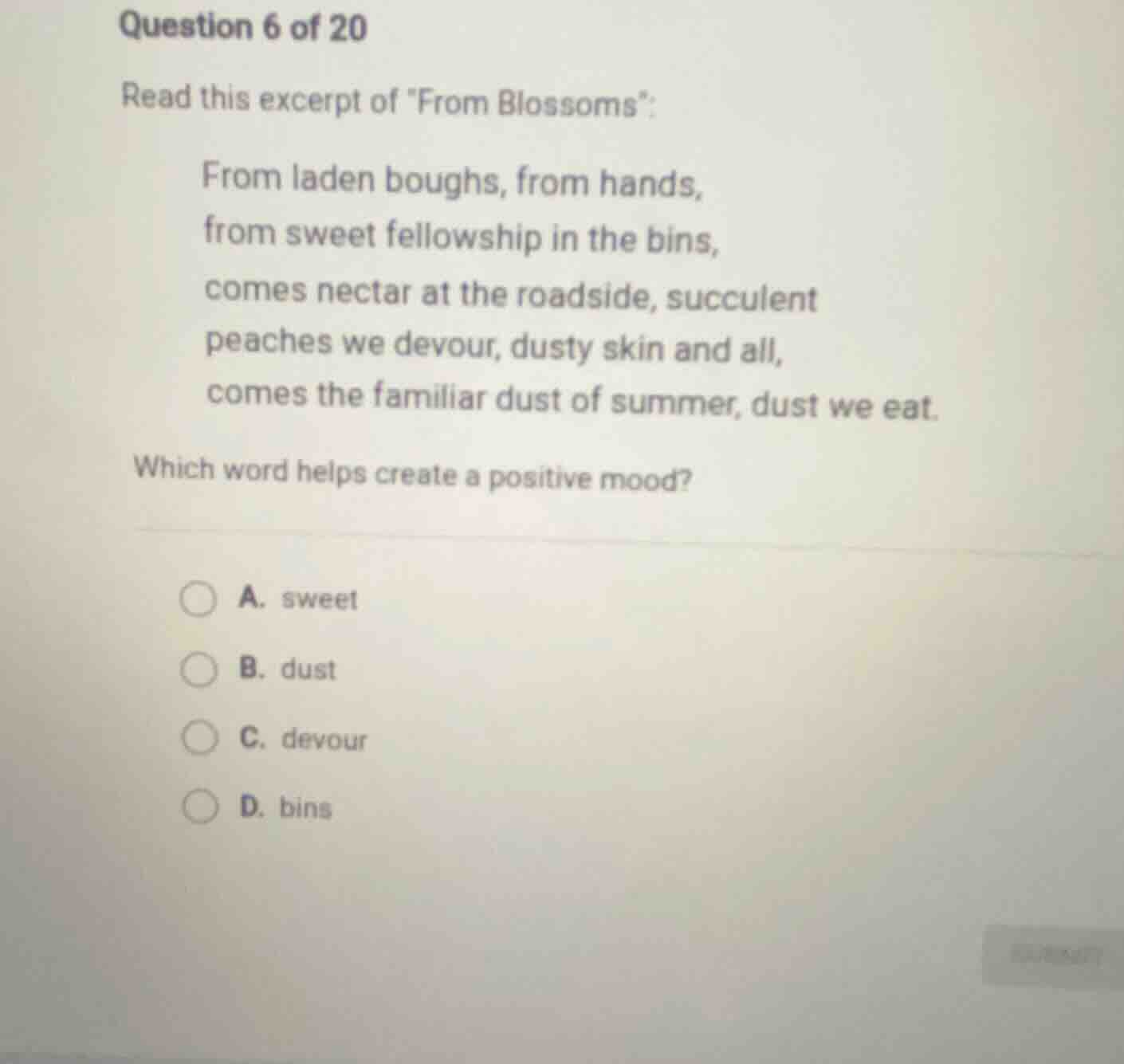 question 6 of 20 read this excerpt of \from blossoms\: from laden bough…
