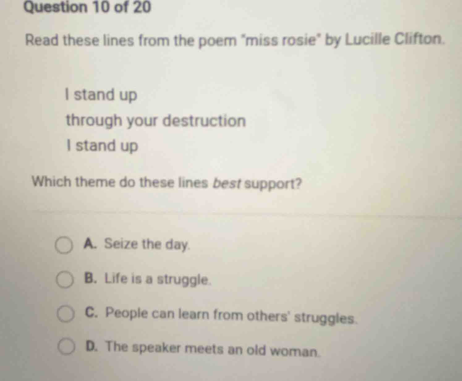 question 10 of 20 read these lines from the poem \miss rosie\ by lucill…