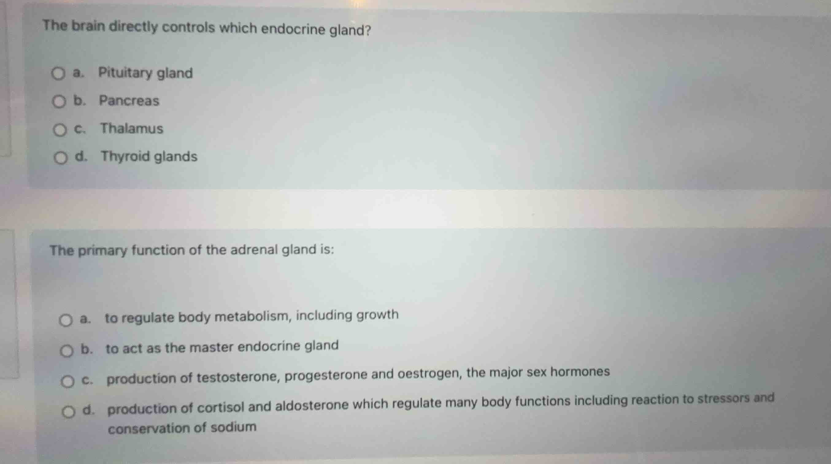 the brain directly controls which endocrine gland? a. pituitary gland b…