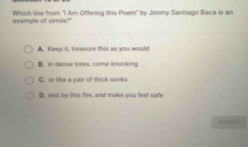 which line from \i am offering this poem\ by jimmy santiago baca is an …