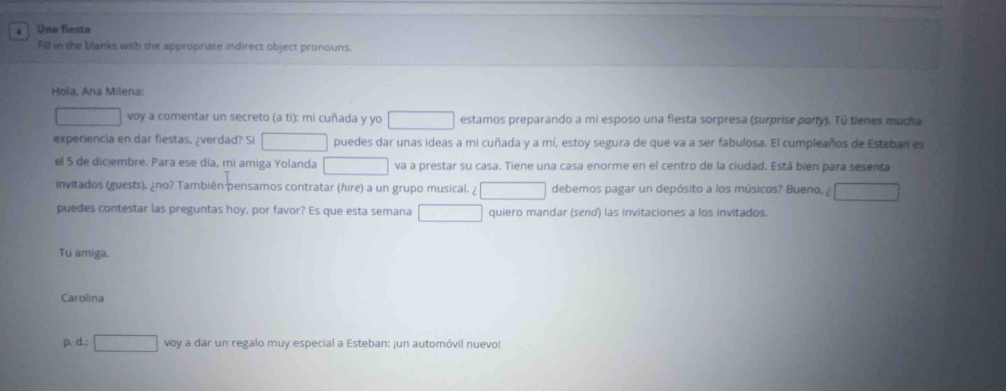 una fiesta fill in the blanks with the appropriate indirect object pron…