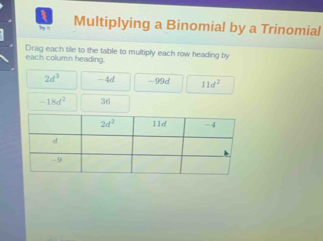 multiplying a binomial by a trinomial drag each tile to the table to mu…