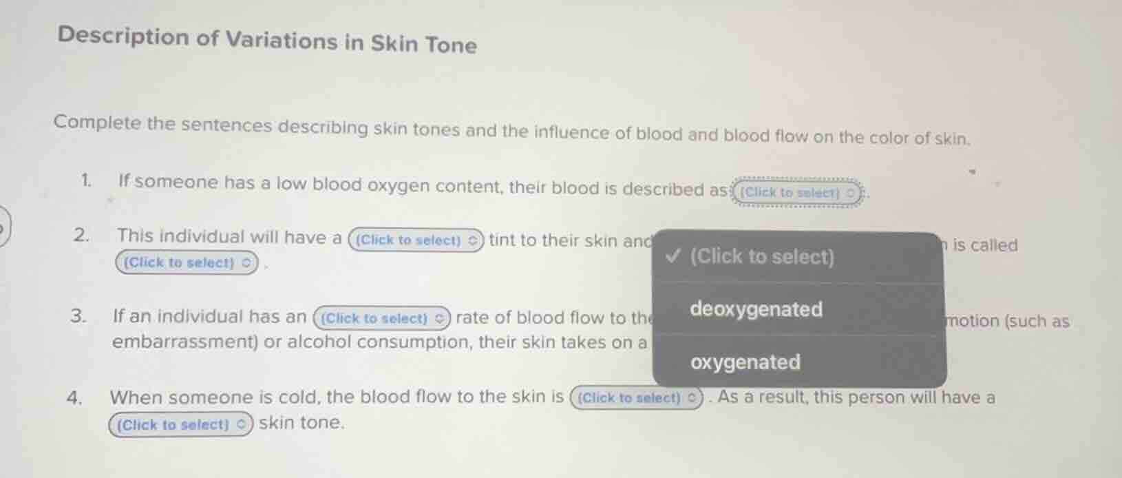 description of variations in skin tone complete the sentences describin…