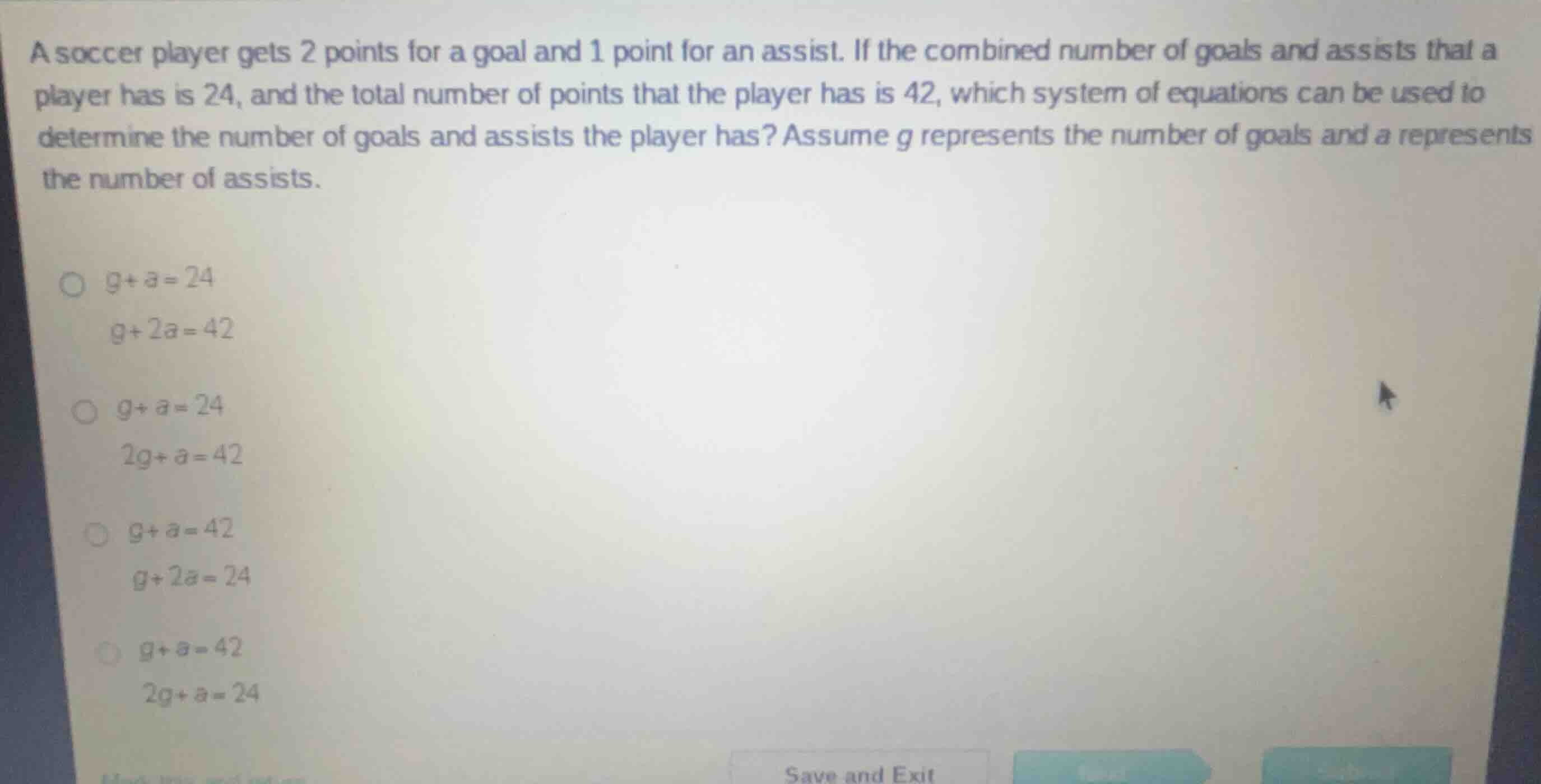 a soccer player gets 2 points for a goal and 1 point for an assist. if …