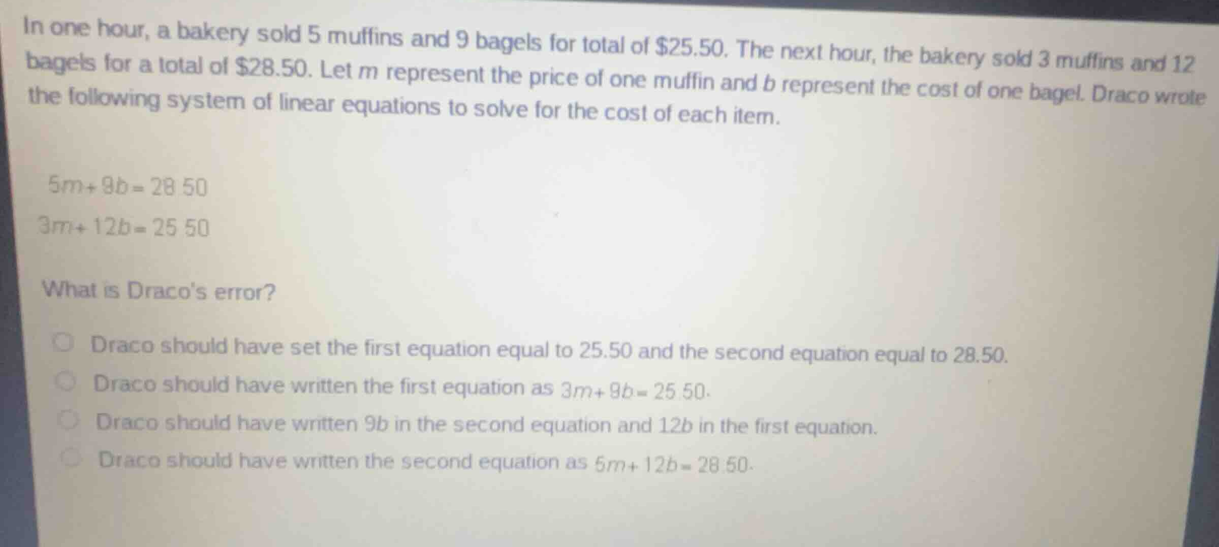 in one hour, a bakery sold 5 muffins and 9 bagels for total of $25.50. …