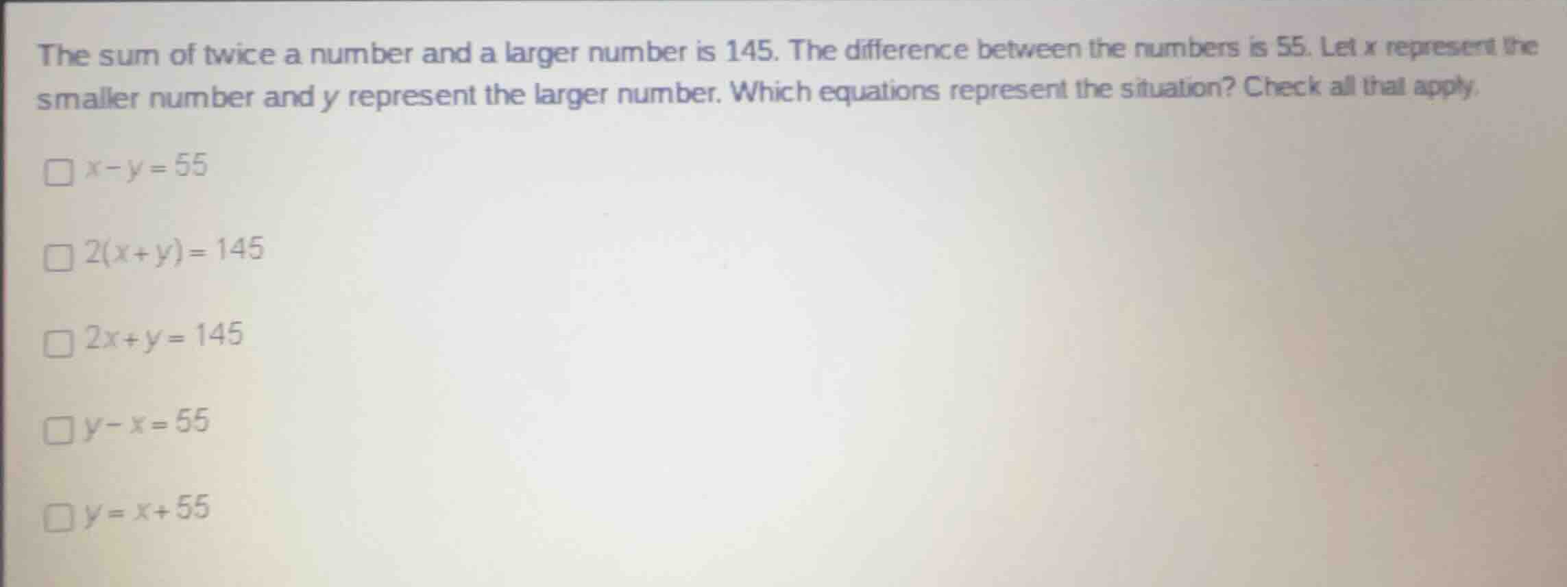 the sum of twice a number and a larger number is 145. the difference be…