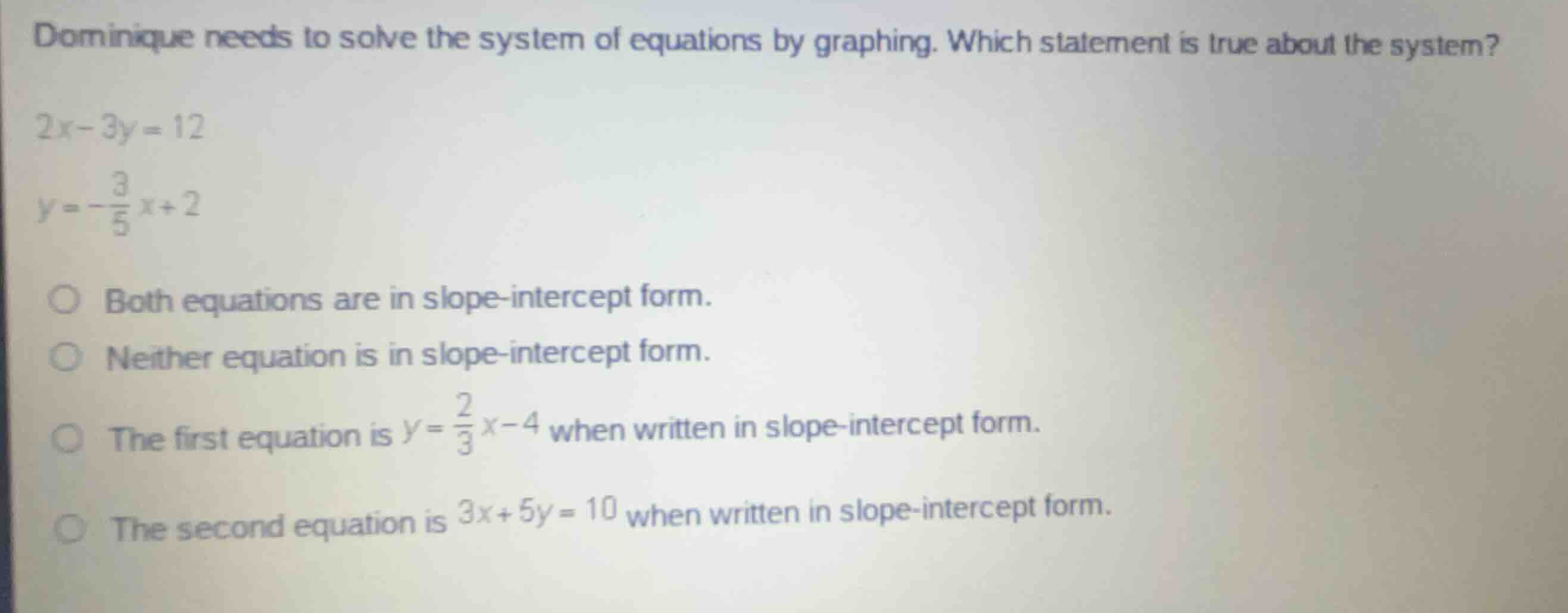 dominique needs to solve the system of equations by graphing. which sta…