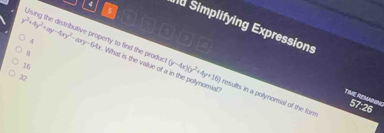 using the distributive property to find the product \\((y-4x)(y^2+4y+16…
