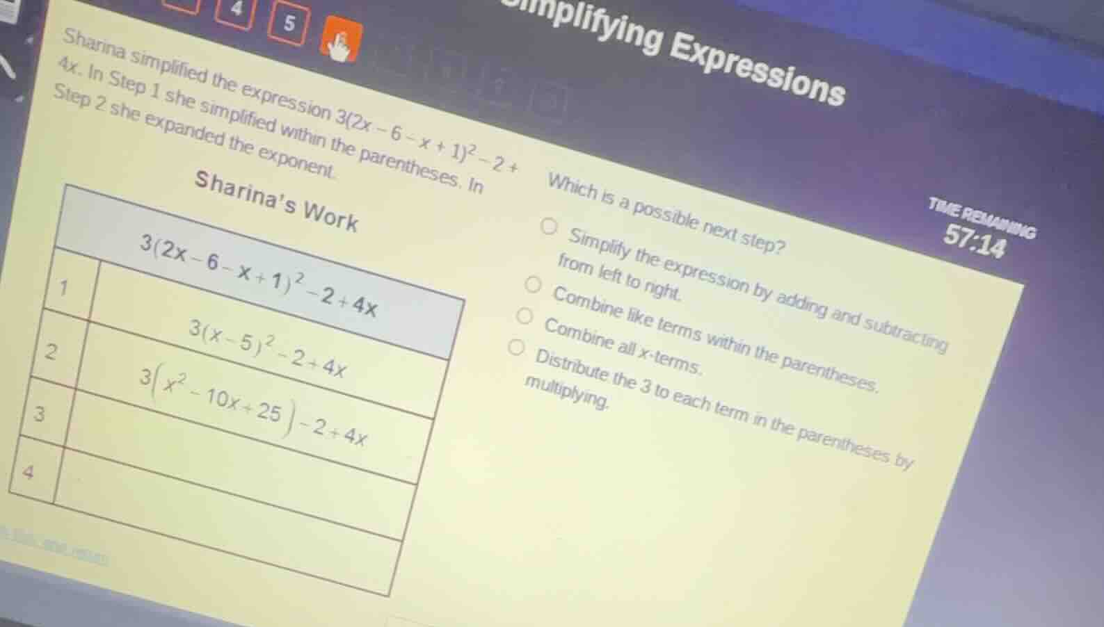 sharina simplified the expression \\(3(2x - 6 - x + 1)^2 - 2 + 4x\\). i…