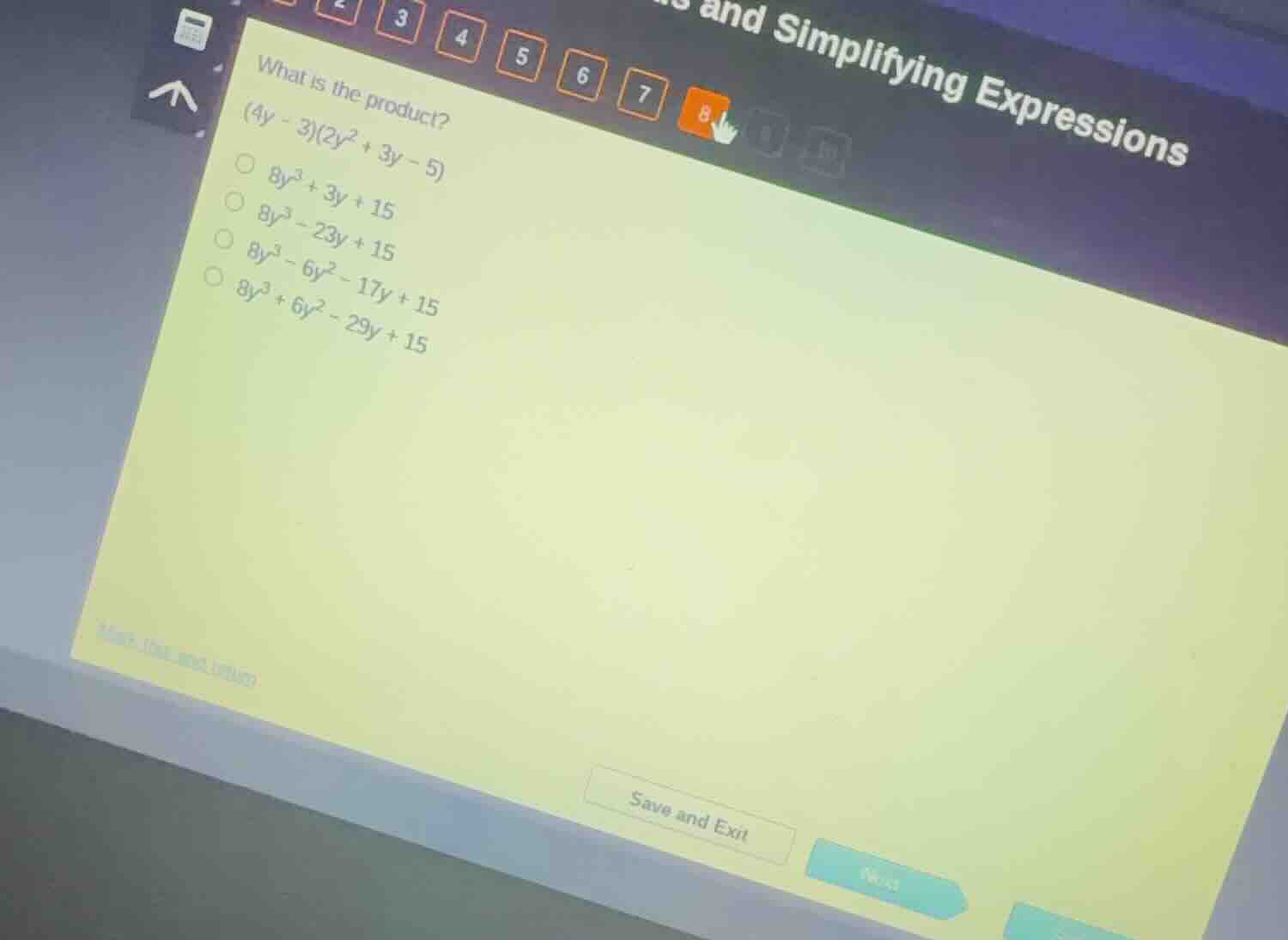 what is the product? \\((4y - 3)(2y^2 + 3y - 5)\\) * \\(8y^3 + 3y + 15\…