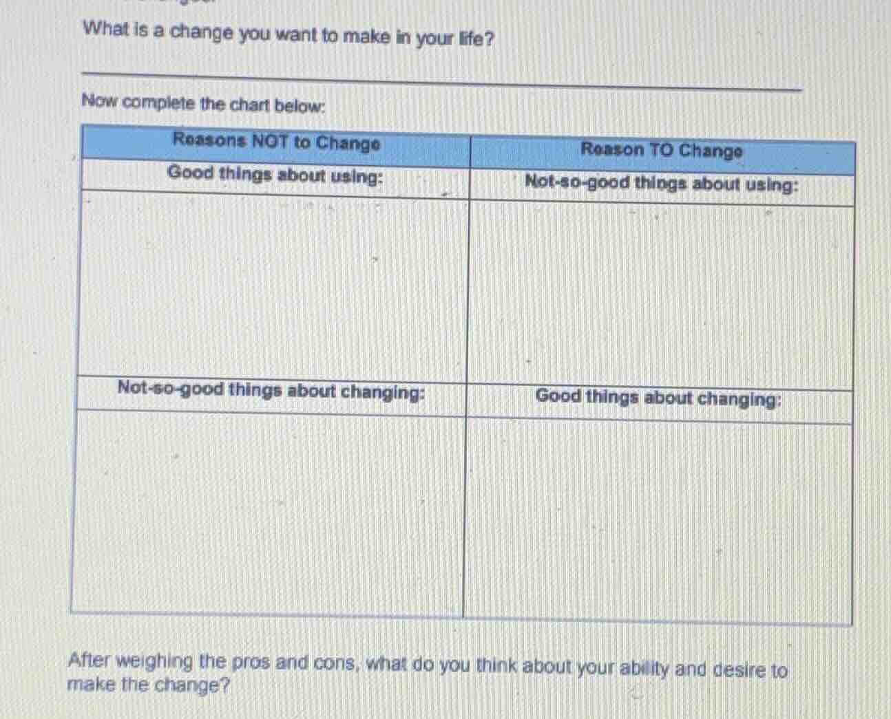 what is a change you want to make in your life? now complete the chart …
