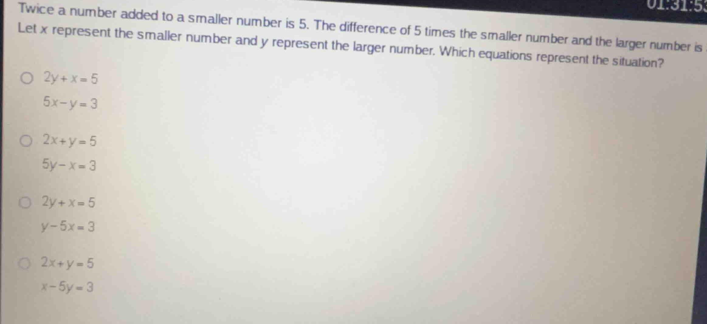 twice a number added to a smaller number is 5. the difference of 5 time…