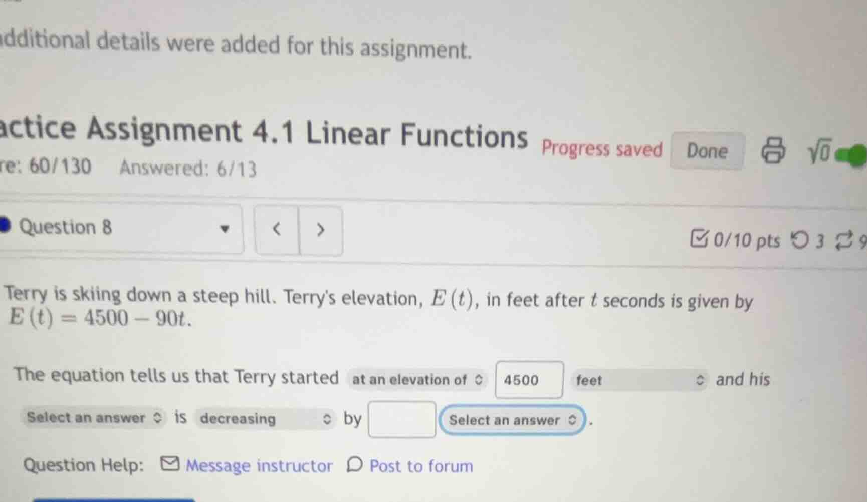 terry is skiing down a steep hill. terrys elevation, (e(t)), in feet af…