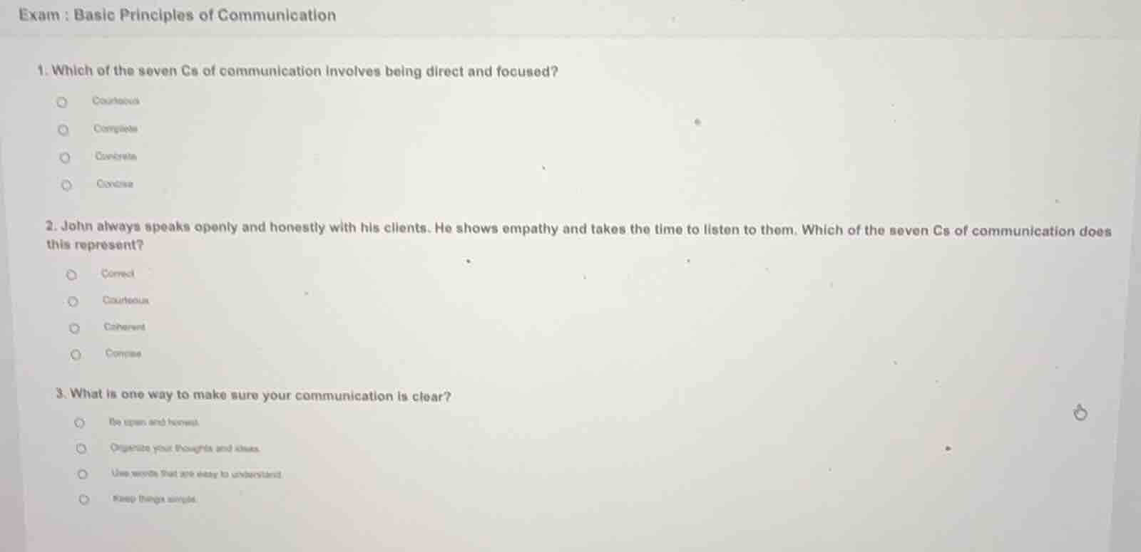 exam: basic principles of communication 1. which of the seven cs of com…