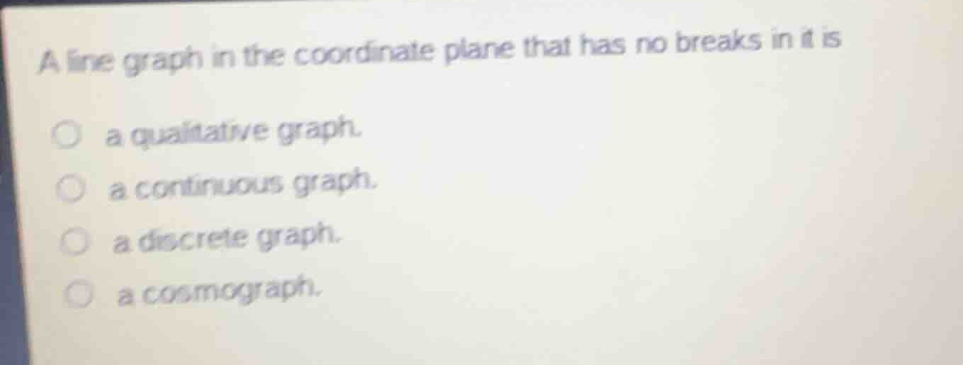 a line graph in the coordinate plane that has no breaks in it is a qual…