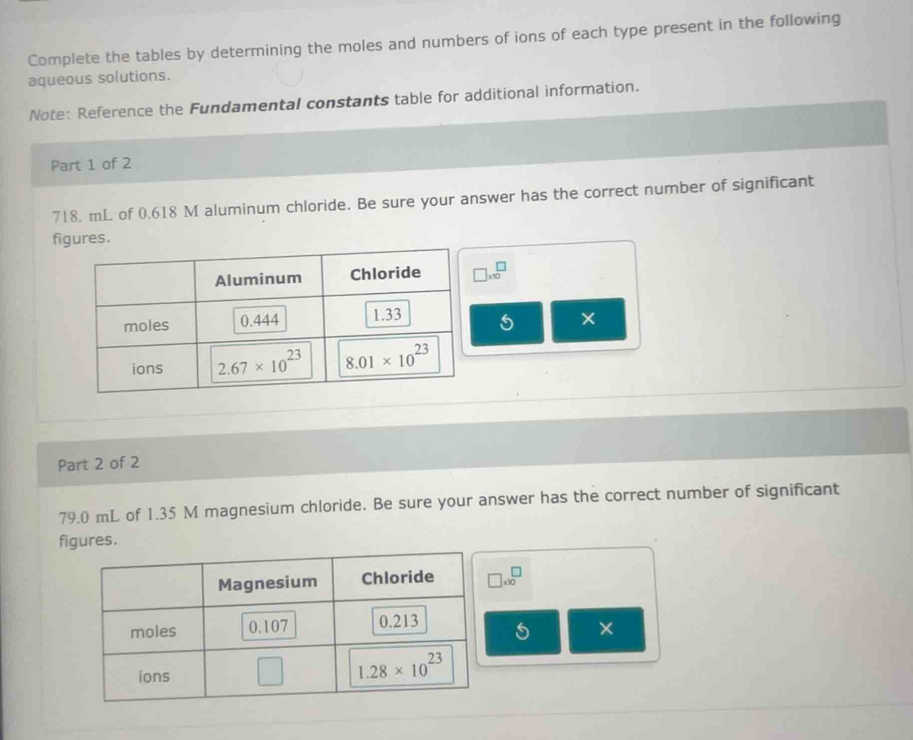 complete the tables by determining the moles and numbers of ions of eac…