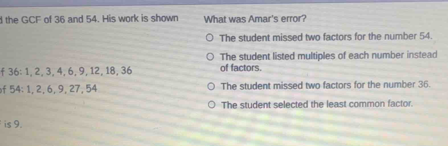 amar tried to find the gcf of 36 and 54. his work is shown below. facto…
