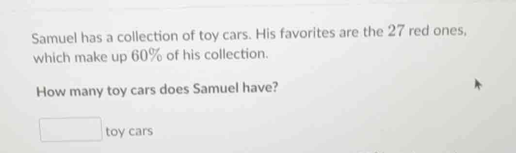 samuel has a collection of toy cars. his favorites are the 27 red ones,…