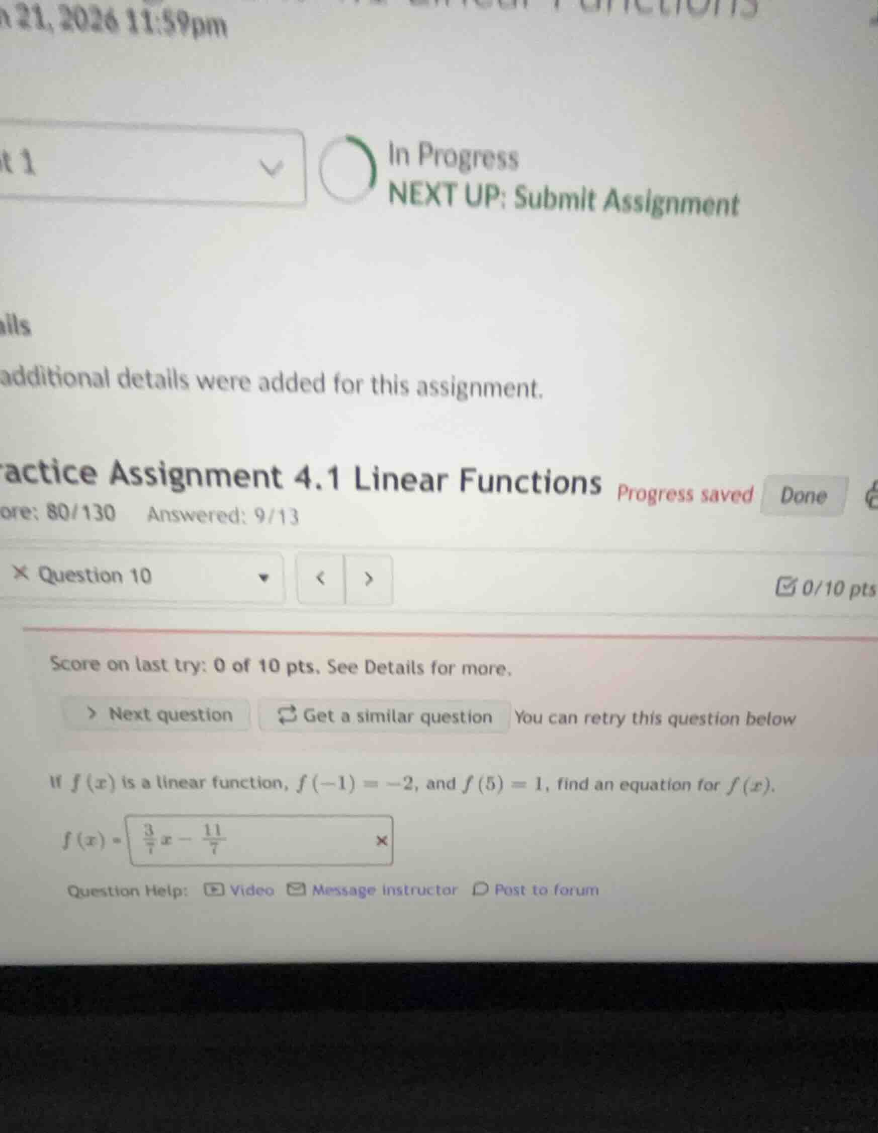 if (f(x)) is a linear function, (f(-1) = -2), and (f(5) = 1), find an e…