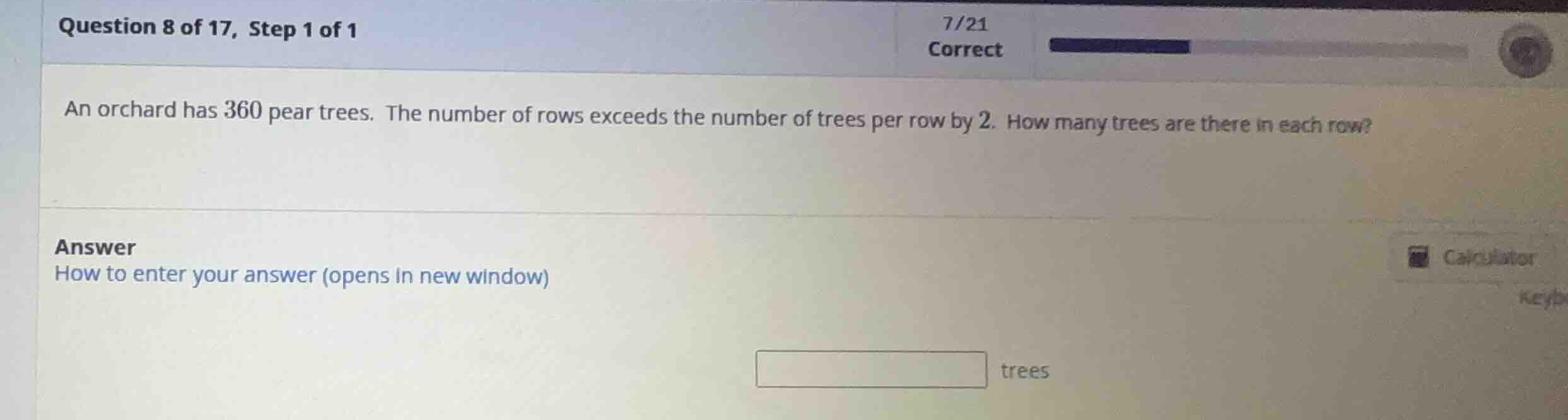 an orchard has 360 pear trees. the number of rows exceeds the number of…