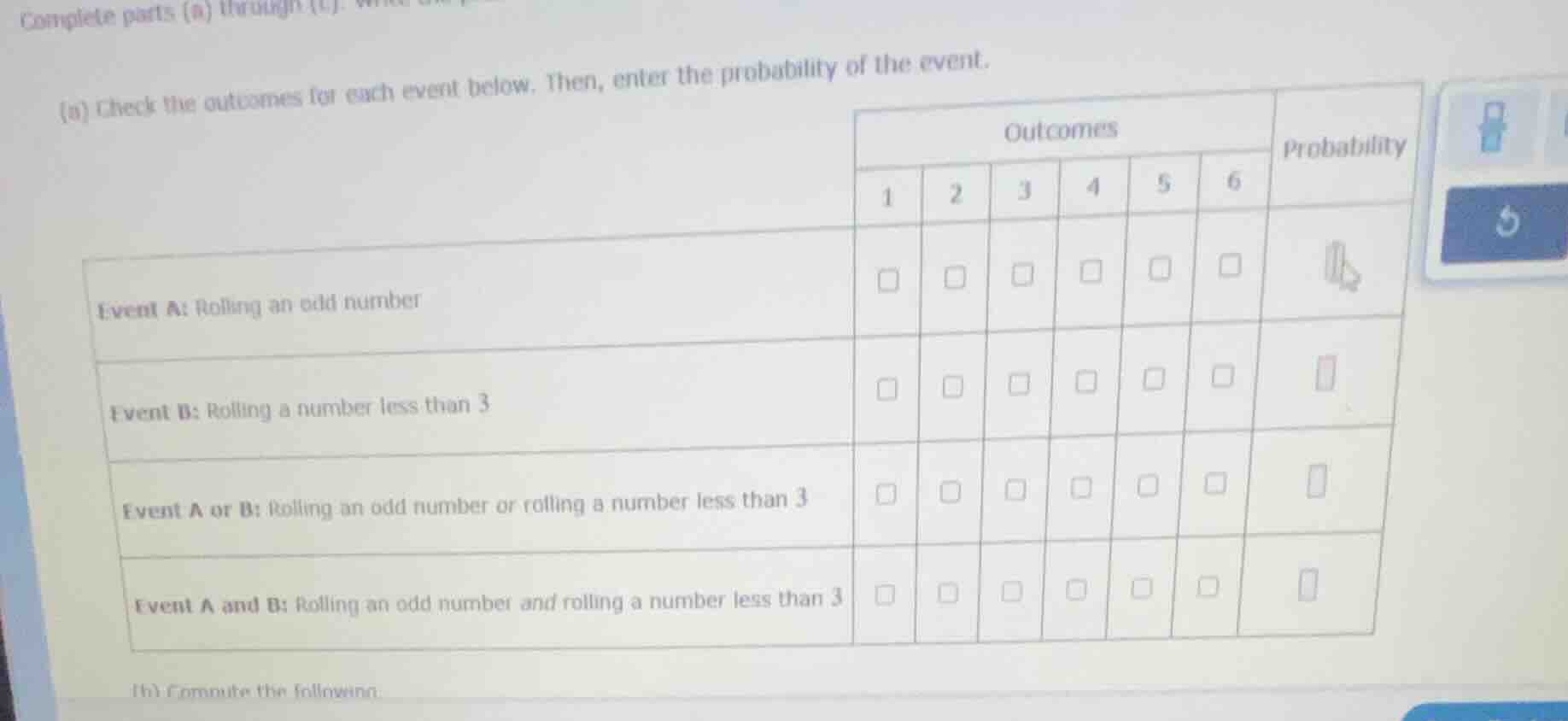 complete parts (a) through (c). (a) check the outcomes for each event b…