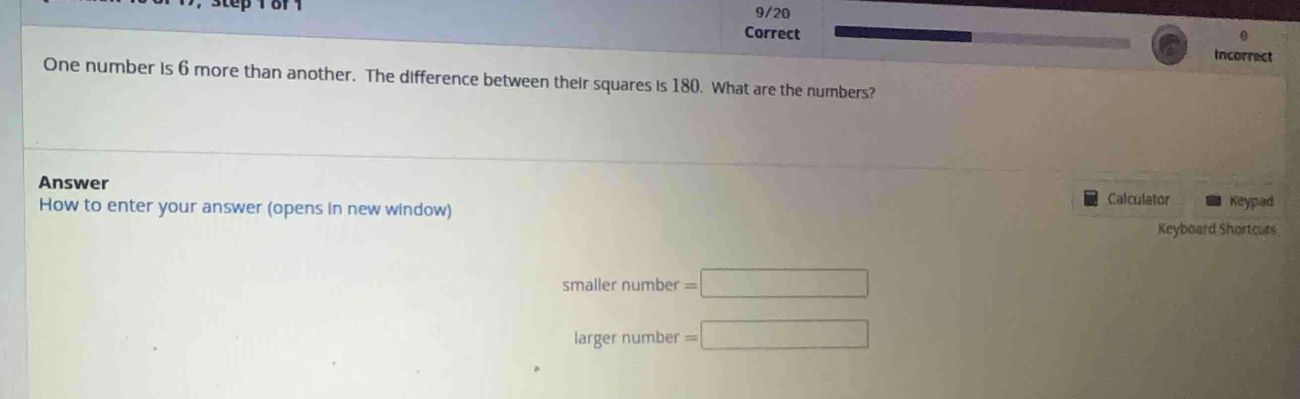 one number is 6 more than another. the difference between their squares…