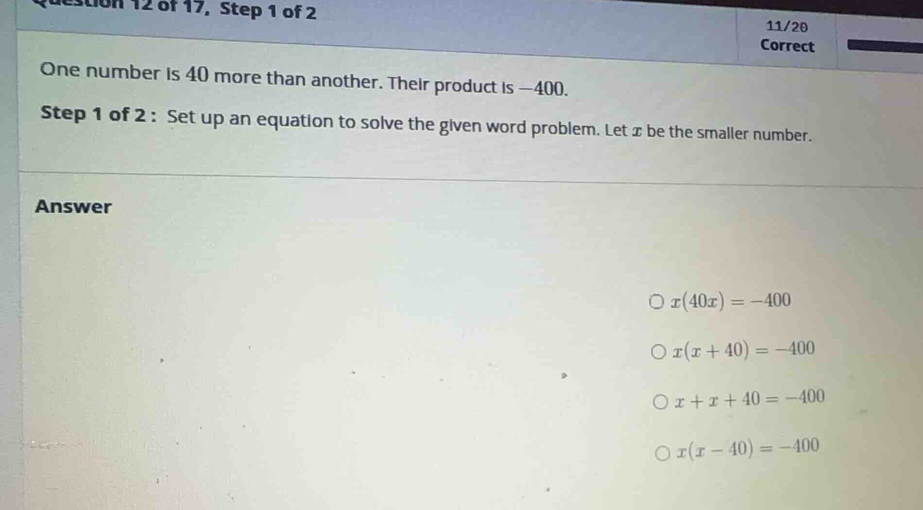 one number is 40 more than another. their product is \\(-400\\). step 1…
