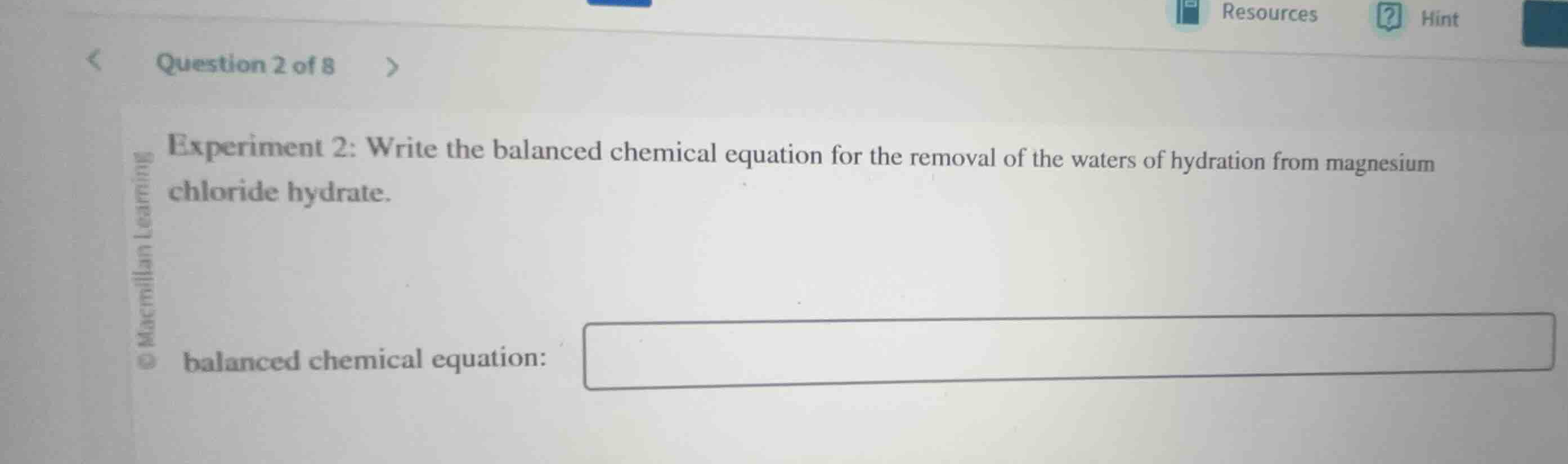 experiment 2: write the balanced chemical equation for the removal of t…