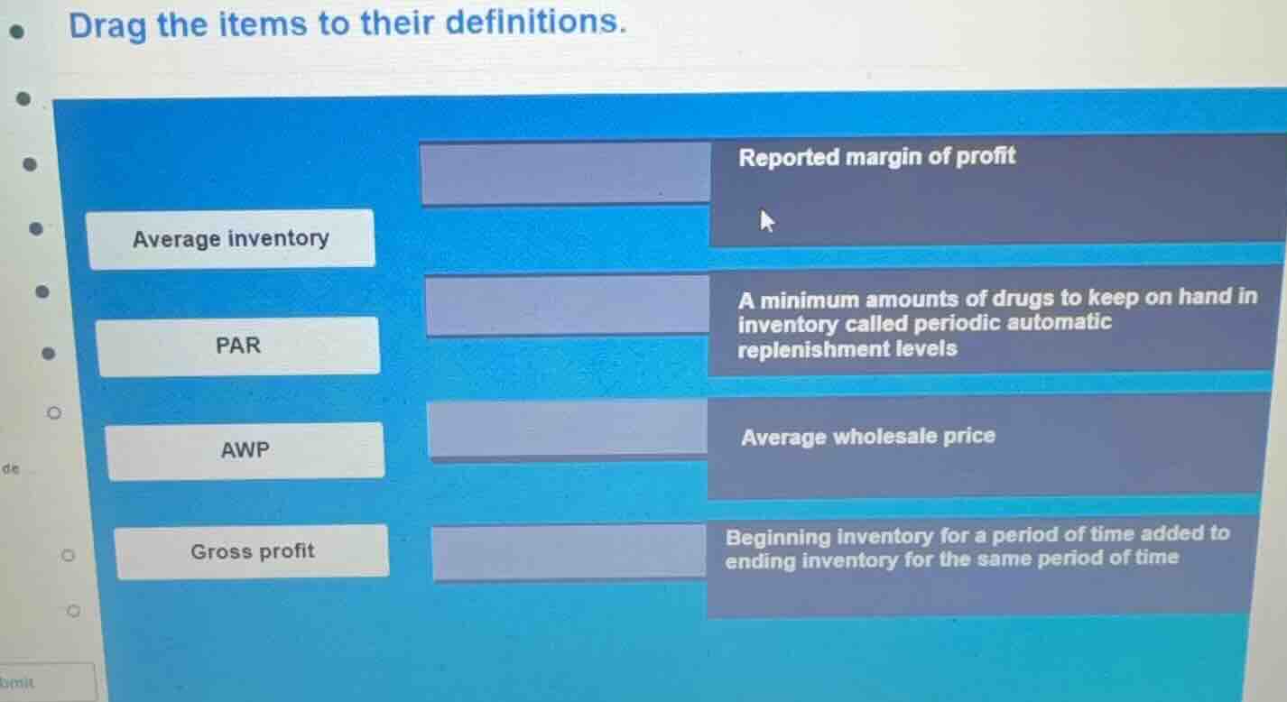 drag the items to their definitions. average inventory par awp gross pr…