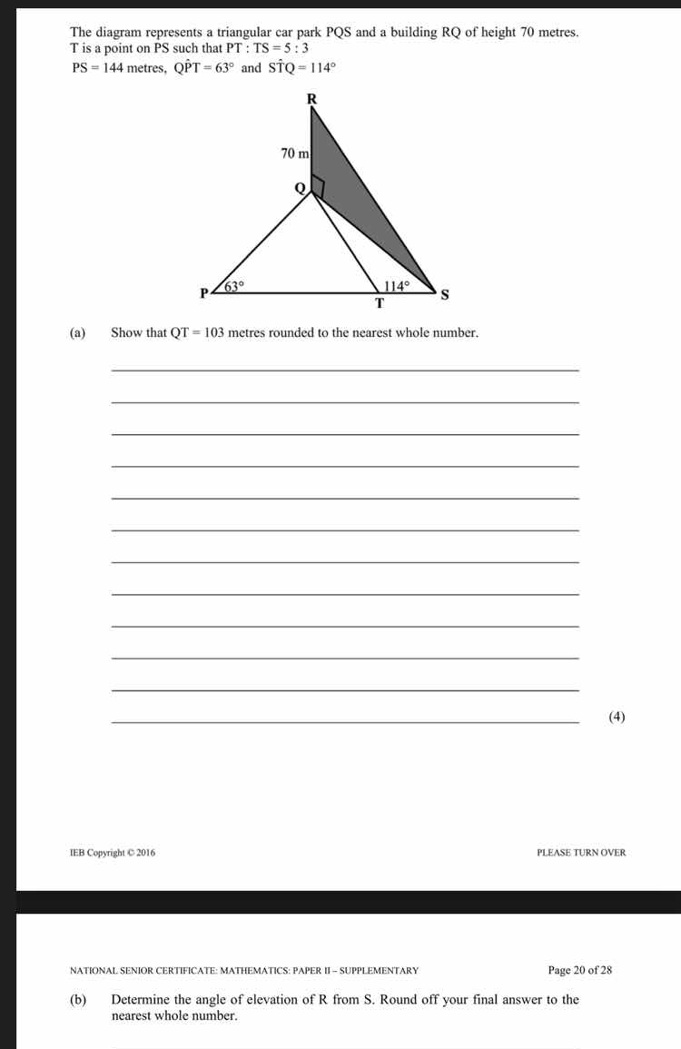 the diagram represents a triangular car park pqs and a building rq of h…
