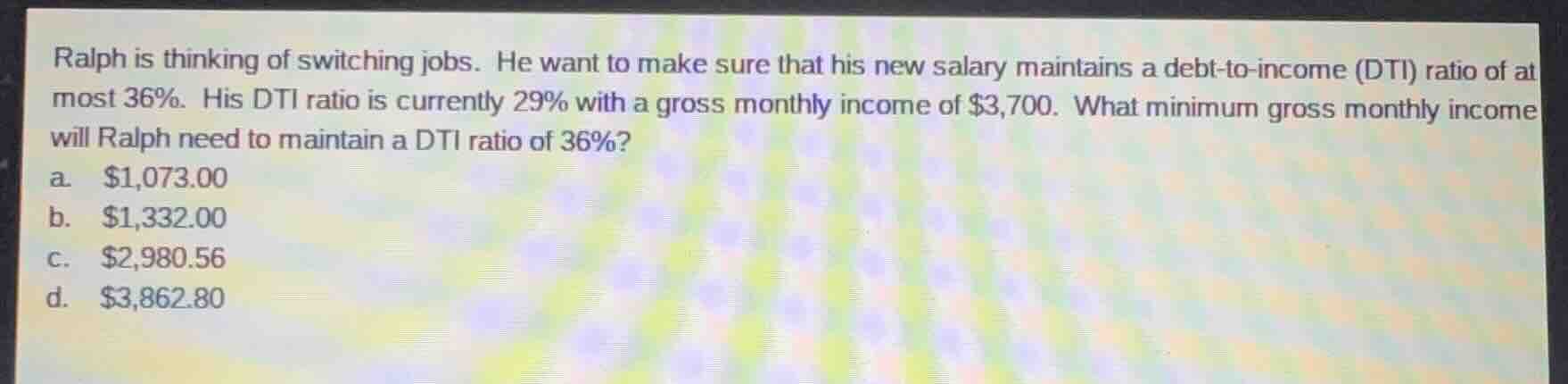 ralph is thinking of switching jobs. he want to make sure that his new …
