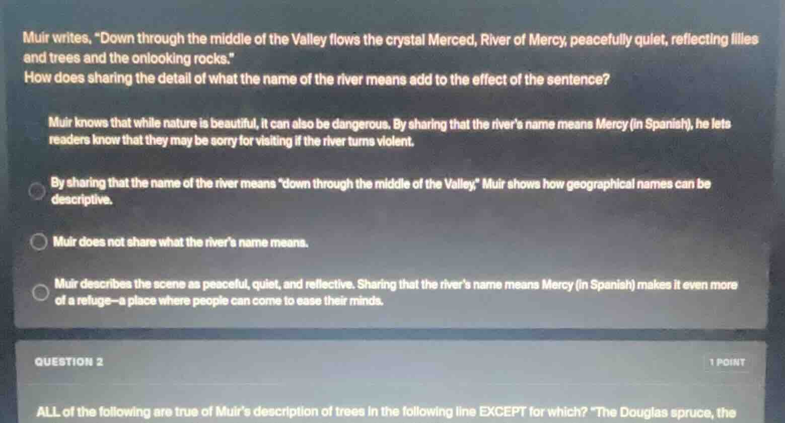 muir writes, \down through the middle of the valley flows the crystal m…
