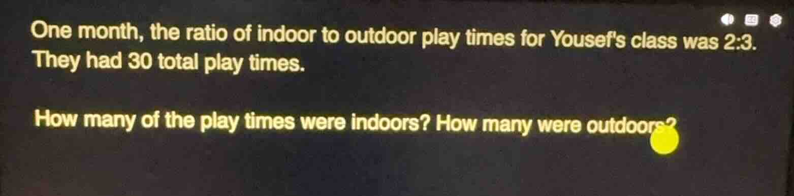 one month, the ratio of indoor to outdoor play times for yousefs class …