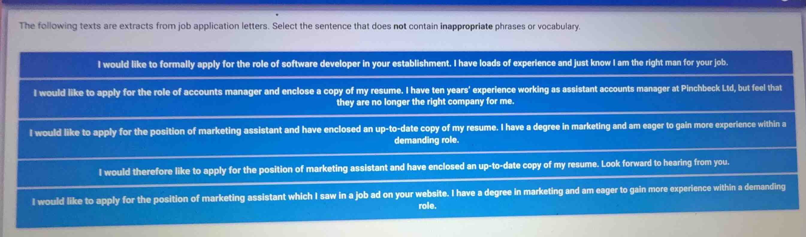 the following texts are extracts from job application letters. select t…