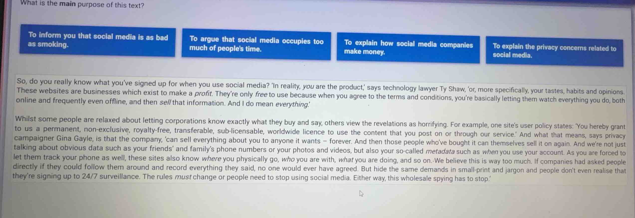 what is the main purpose of this text? to inform you that social media …